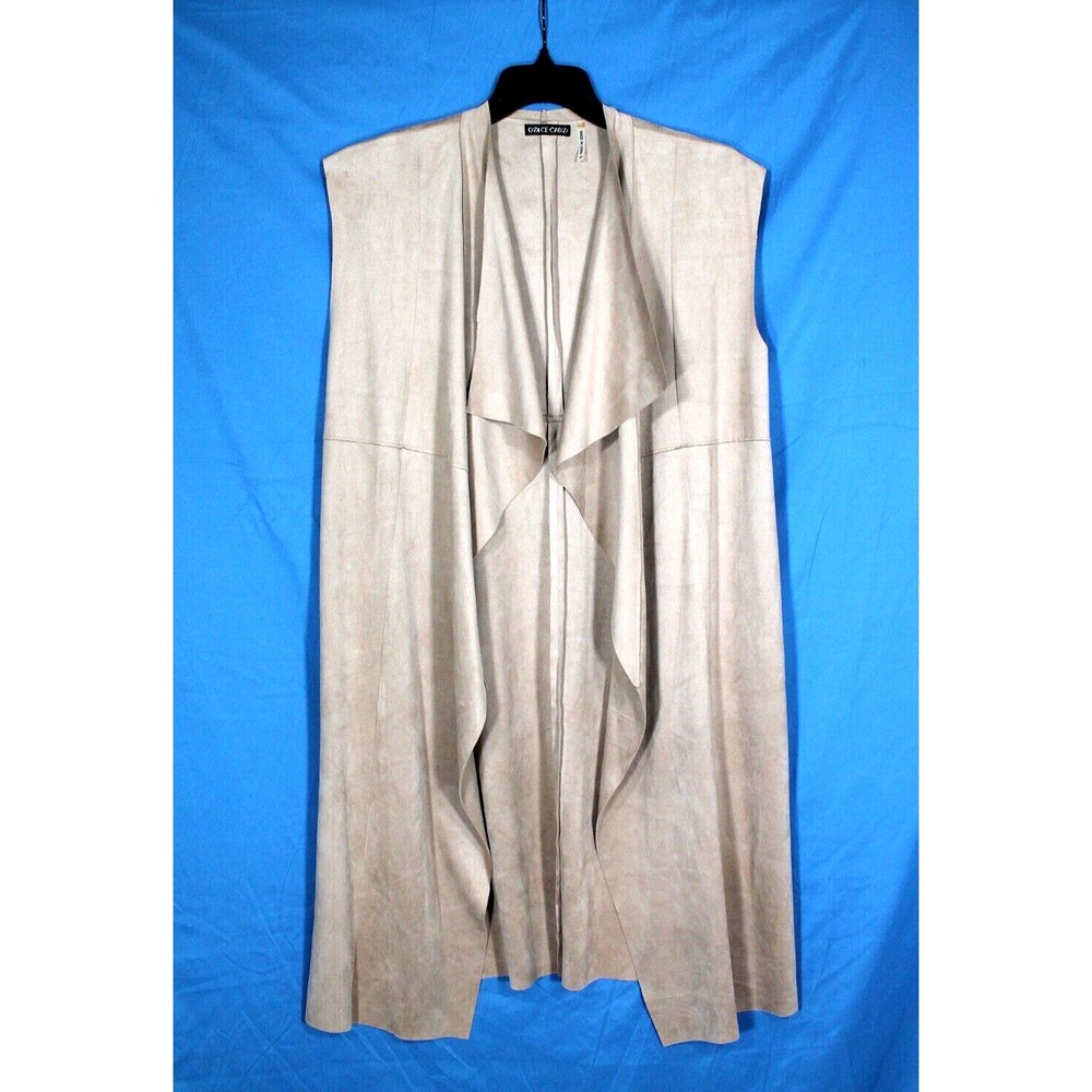 DOLCE CABO Beige FAUX SUEDE Open Front DRAPE FRONT Sleeveless CARDIGAN/TOPPER M